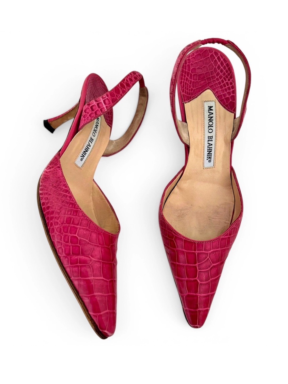 Manolo Blahnik Pink Croc-Embossed Pointed Toe Slingback Pumps Shoes EU 36.5